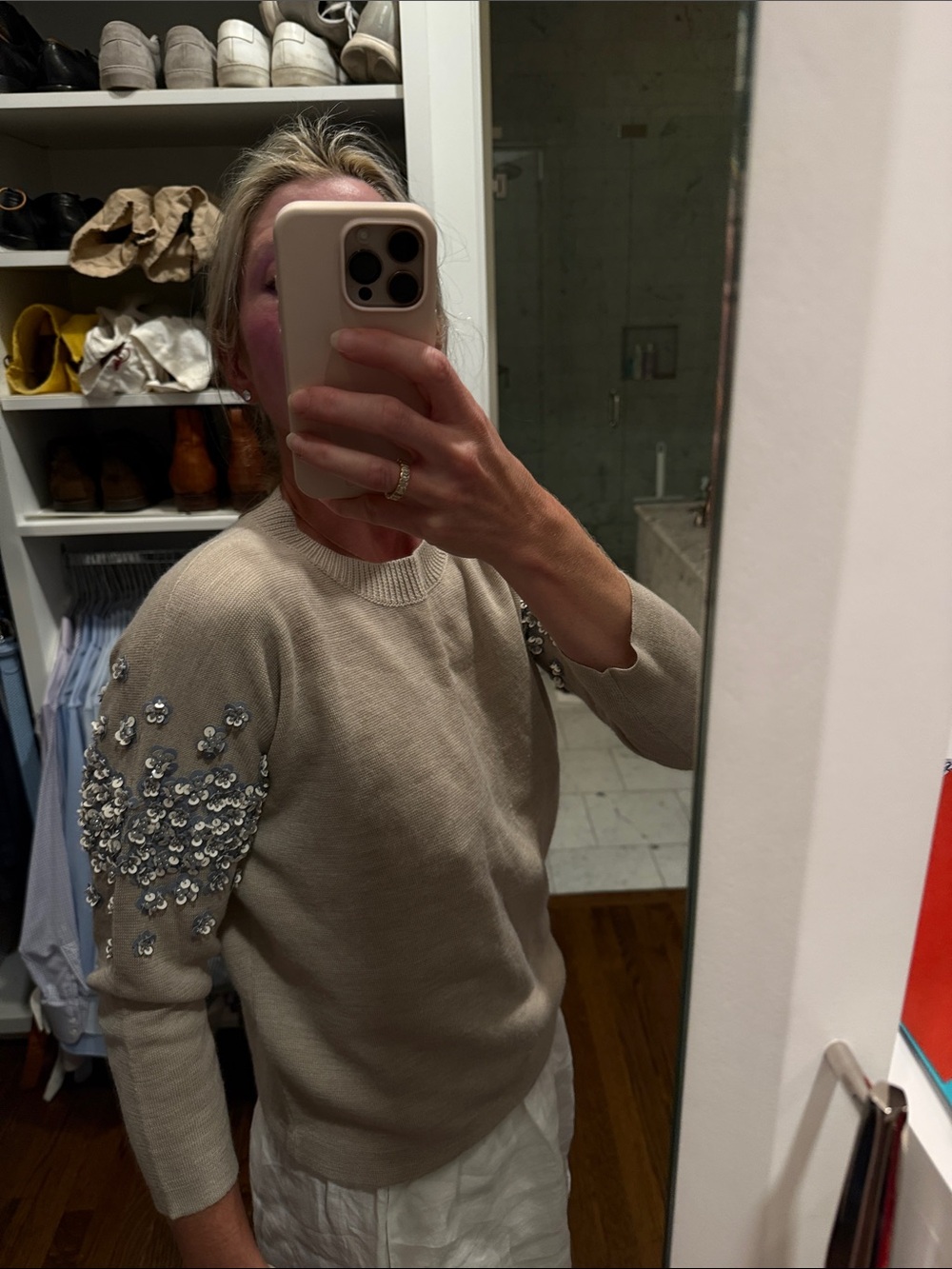 J. Crew Taupe Crewneck Sweater with Sequin Floral Shoulder Detail